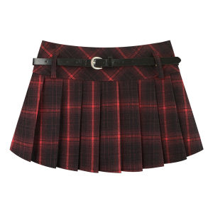 กระโปรงสั้นทรงเอเอวต่ำสีแดงลายสก็อตสไตล์อเมริกันย้อนยุคสำหรับผู้หญิง ฤดูใบไม้ร่วง/ฤดูหนาว JK วินเทจ กระโปรงสั้นทรงเอ