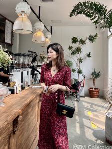 French Rouje Wine Red Silk Rose Print V-neck Short Sleeve High Waist Side Button Wrap Dress MZM Sweet Countryside Style Midi Skirt