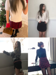 Christmas Mini Skirt Versatile Good Fit 2 Colors Little Black Dress And Red Plaid Half Skirt EOS LA MODE Korean Style High Waist Short Skirt