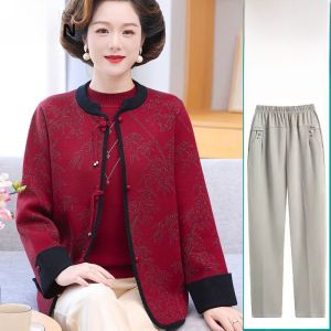 Autumn Fashion Knitted Sweater Cardigan Set for Middle-Aged Women Long Pants Embroidered Floral Pattern Regular Fit 2-Piece Set