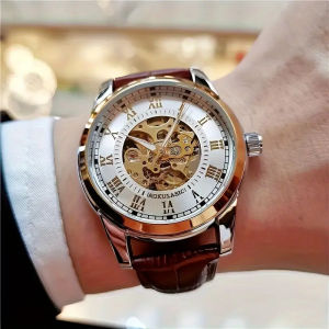 Elegant Mens Automatic Mechanical Watch with Skeleton - Leather Strap Roman Numeral Dial Automatic Movement Ideal for Business and Casual Clothing Young Men Business Casual Mens Watch | Skeleton Watch Hollow Design | Durable Watches Watch Acces...