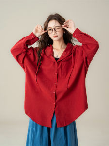 SHANGWEILUO | Red Hooded Corded Long Sleeve Shirt Comfortable Loose Fitting Spring