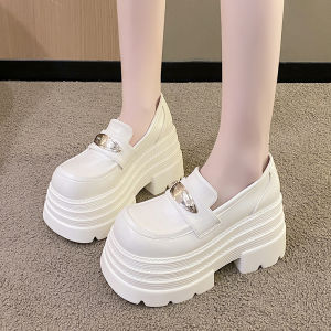 Spring 2025 Womens Thick Bottom Flats Mary Janes Increased Height Shoes Korean Style round Toe Deep Mouth Slip-On Casual Loafers