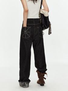 MADWITCH | American Retro Print Straight Fit Riveted Denim Pants