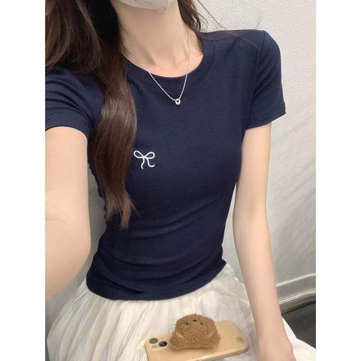Shenzhen Trendy Meiyi Clothing Co., Ltd. Shoulder Short Sleeve T-Shirt Female Summer New Bows round Neck Fashion