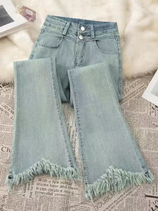 High Waist Bell Bottom Jeans Womens Autumn 2025 New Style Slimming Frayed Short plus Size Cotton Stretch Denim Casual Jeans