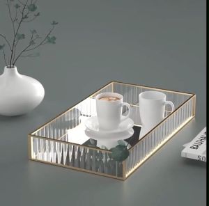 DR Luxury Tray Glass Stripe Storage Tray Desktop Sundries Organize Cosmetic Storage Box Cake Coffee Tray Light Deco