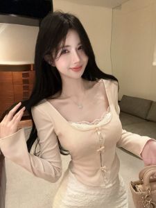 GUZILIAN | Gentle Wind Anti-Aging Lace Splicing Knot Knitted Top High Waist Bodycon Mini Skirt Two-Piece Set Korean Style Commute