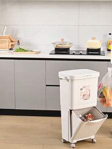42L Dual Layer Trash Bin With Wheels Sorting Garbage Bin Press Lid Kitchen Waste Bin Home