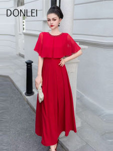 ชุดเดรสยาวสีแดงคอโปโลแขนยาวทรงเอเอวเข้ารูปสไตล์เจ้าหญิง ชุดราตรียาวปานกลาง ผ้าโพลีเอสเตอร์ 100% ฤดูใบไม้ผลิและฤดูร้อน