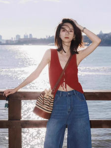 CHOEFULYN | Design Sensitivity Red V-Neck Knit Vest  Womens Summer Sleeveless Top