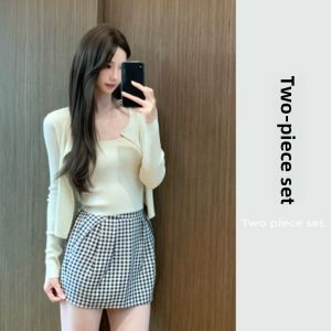 YUEZHONGWEI | Ice Silk Plaid Mini Skirt And Open Cardigan Two-Piece Set Summer 2025 Fashionable Outfit For Young Women Long Sleeve Round Neck