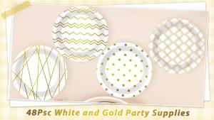 48Pcs White and Gold Paper Plates Supplies 9Inch Wedding Golden Foil Polka Dots Plaid Stripes Dessert Dinnerware for Anniversary Birthday Baby Shower Decorations Favors