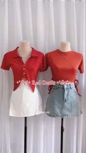 DNEMNLPH Pia Butterfly Button Top - Trendy Korean Bangkok Vintage Crop Collar Ruched Vneck Basic Plain Ribbed Sleeves