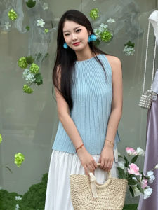 BINKAFENNY | French Elegant Blue Halter Neck Vest Women Summer Design Unique Sleeveless Top Pure Color Beautiful Cardigan Style Commute Fashion