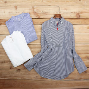 เสื้อเชิ้ตคอวีแขนยาวผ้าฝ้ายแท้สไตล์เกาหลีสำหรับผู้หญิง ทรงหลวม ลายทาง สไตล์วินเทจ ไซส์ใหญ่ เสื้อเชิ้ตแขนยาวแบบสวมหัว