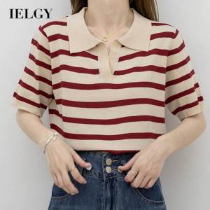 IELGY womens striped knitted polo collar loose short sleeve T-shirt