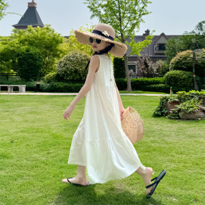 Girls Cotton Summer Dress Sleeveless Vest Long Skirt Breathable High Waist White Color Korean Style Childrens Clothing