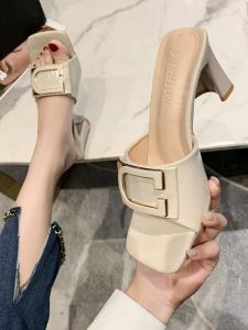 Womens High Heel Slippers Roman Style Open Toe Sandals Fashionable Summer New Outerwear Half Slippers Comfortable Rubber Sole