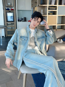 American Retro Three-Bar Design Shoulder Pad Mens Denim Set Shirt And Long Pants Two-Piece Suit Cotton Polyester Blend Youth Fashion