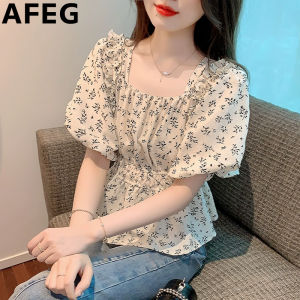 AFEG new Korean version of the square collar when the waist is all kinds of temperament floral chiffon bubble sleeve blouse