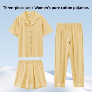 MiiOW | Pure Cotton Sleepwear Womens Summer Short Sleeve Open Cardigan Shorts Pants Home Clothes Three-piece Set Cat Person MiiOW