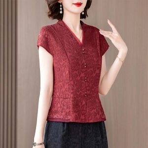 MAIMEI | เสื้อยืดผู้หญิงสไตล์จีน ผ้าหอมคลื่น ฤดูร้อน 2025 ใหม่ แฟชั่น คุณแม่วัยกลางคน คุณแม่วัยกลางคน เสื้อยืดคอวีแขนสั้น