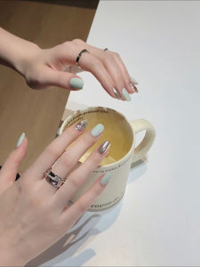 Removable Summer Fresh Mint Green Shiny Sequin Nail Art DIY Handmade Wearable False Nails Professional Salon Quality Nail Tips