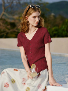 XIANGYING | Red V-Neck Faux Cardigan Slim Fit Summer T-Shirt