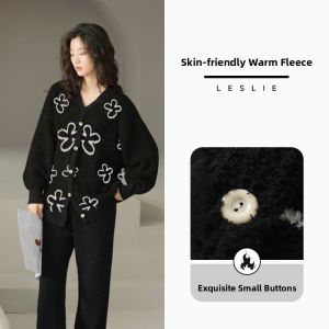 miiow | Cat Person Womens Sleepwear Autumn Winter Thickened Fleece Home Clothes Set Half Velvet Long Sleeve Round Neck Print Pajamas