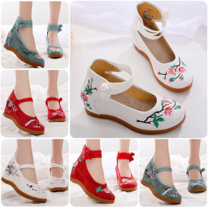 New Arrival Old Beijing Wedge Heels Embroidered Cotton Shoes Female Ethnic Style Beef Tendon Bottom Hidden Heel Square Dance Shoes for Han Chinese Clothing