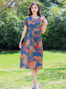 Middle-Aged and Elderly Womens Summer Wear Noil Poplin Dress Outwear Plus Size Loose Ladieswear Summer Short Sleeve Casual Dress Artificial Cotton