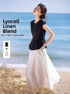 MOHANYIMEI | Hemline Detail Round Neck Skirt Suit