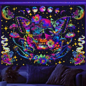 VIKAMA UV Blacklight Tapestry Thiết Kế Hình Bướm Đầu Lâu Với Các Loại Nấm Pha Trộn Giai Đoạn Mặt Trăng Neon Chim Ruồi Ảo Giác Treo Tường Để Trang Trí Ký Túc Xá