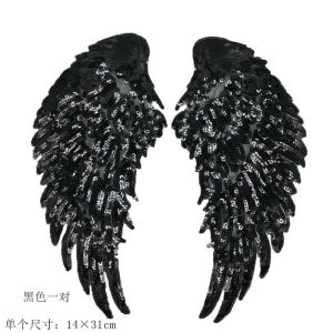 1 Pair/14*31CM Large GoldSilverBlack Angel Wings Badge Applique Iron On Patch Embroidery Clothes Stickers DIY Sewing  Patches