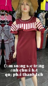 Đầm suông sọc trắng đính chuỗi hạt quý phái thanh lịch