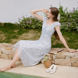 XIANGYING | Blue Gradient Floral Dress Waist Cinching Slimming French Vacation