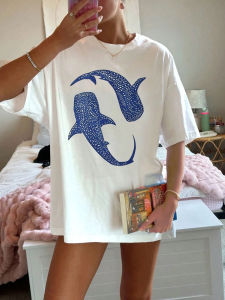 Blue Whale Shark Simple Printing T-Shirts Women Summer Cotton Tops Comfortable O-Neck Oversized T Shirt Casual Womans Clothes