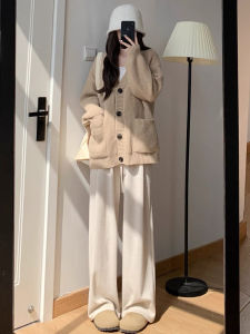 Beige Waist-High Leisure Warm Loose Leg Knitted Pants