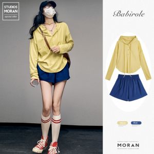 ชุดสองชิ้นสไตล์ลำลองสำหรับผู้หญิง ฤดูใบไม้ร่วง/ฤดูร้อน เสื้อคลุมกันแดดแขนยาวบาง คอกลม กางเกงขาสั้นหลวมๆ ผ้าฝ้าย แฟชั่นฤดูร้อน