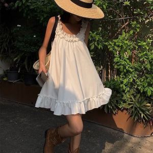 Váy Chữ a Không Tay Mùa Hè Cho Nữ Dáng Rộng Xếp Ly Viền Hoa Tai Thỏ Cỡ Lớn Váy Ngắn Không Tay Cổ Chữ U Màu Trơn