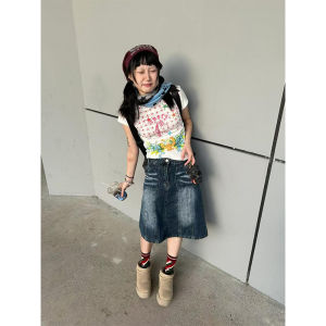 Retro American Washed ขาดๆ ยับๆ เดนิม มินิ กระโปรง ผู้หญิง หลากหลาย ตัดตรงเผ็ด ถุงเท้าถึงกลางน่อง สูง เอว กระโปรงทรงเอ