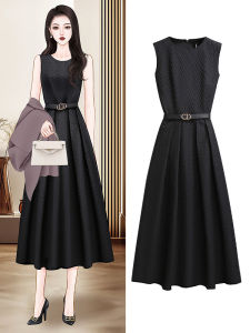 Elegant Black Sleeveless French Style Dress High Waist Long Skirt Spring Autumn Womens Fashionable Hepburn Style Gown