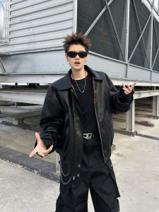 แจ็คเก็ตบิดาบ้านสไตล์อเมริกัน PU หนังสีดำ แจ็คเก็ตบิดาบ้านแบบสวมสองด้านสำหรับผู้ชาย เสื้อคลุมกันหนาวลำลอง ปกเปิดด้านหน้า แขนยาว