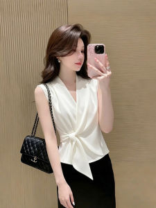 DUOFEIYAN | French V-Neck White Tie-Sleeve Sleeveless Shirt