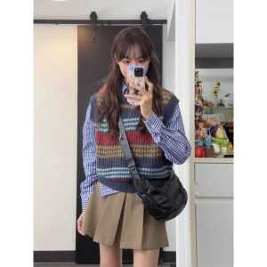 Retro Preppy Style Suit Womens Early Autumn Stripes Contrast Color Knitting Vest Bandage Dress Gingham Shirt Pleated Skirt Three-Piece Suit