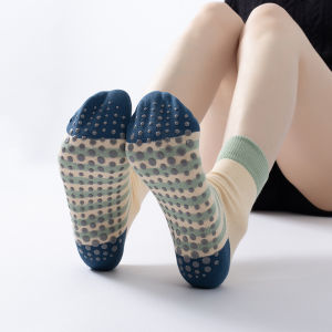Color Block Yoga Socks Womens Fitness Pilates Floor Socks Anti-Slip Sweat Absorbent Striped Design Medium Length Adult Sports
