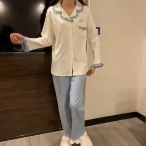 Đồ bộ nữ pijama chất xốp gân dài tay mặc nhà cao cấp
