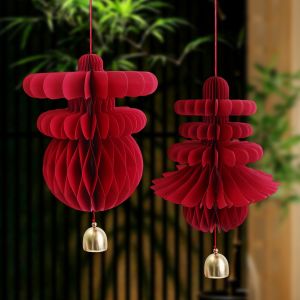 3D Chun Character Folding Paper Lantern Pendant for CNY Door Handle Decor Spring Festival Red Honeycomb Bell Hanging Ornament New Year