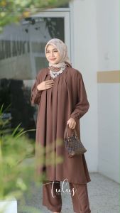 Tulus Signature Glenka Set Jumbo LD 120 Oneset Wanita Muslim Setelan Celana & Long Tunik Bahan Crinkle Airflow Import Motif Polos Lengan Panjang